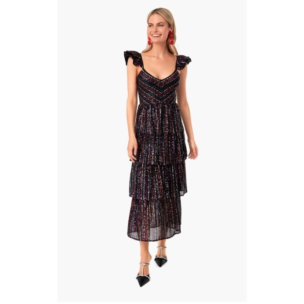 Saylor Quintana Flutter Sleeve Tiered Multi Sequin Midi Dress Women's Size XS